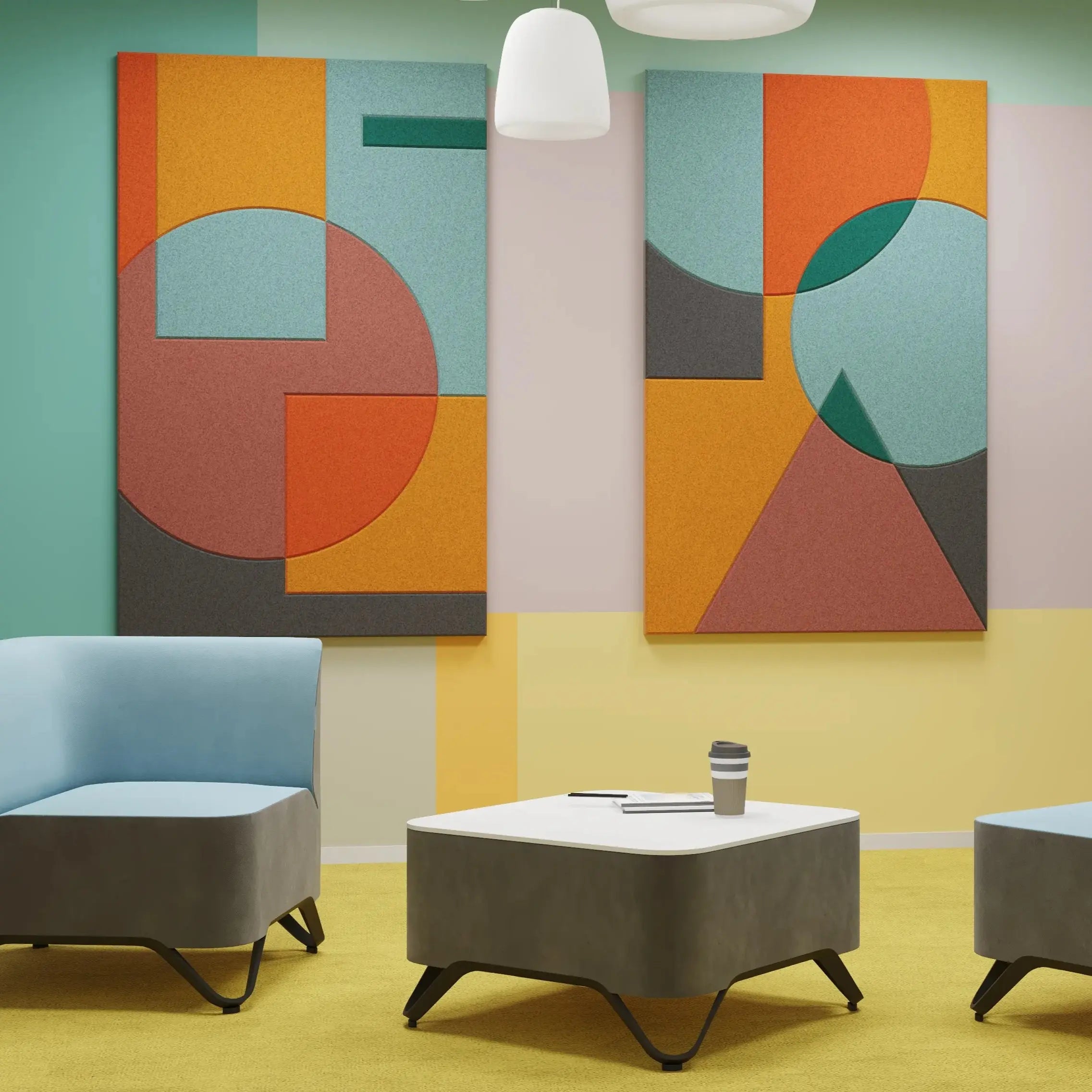 Acoustic Wall Art Panels SHAPES 2 in colorful interior Decormania UK